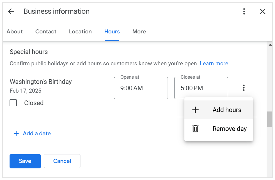 Add specific hours to holidays